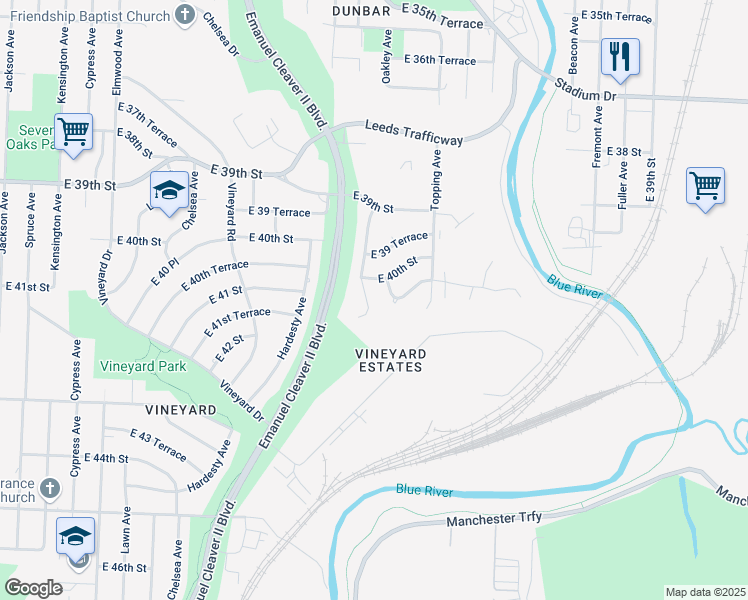 map of restaurants, bars, coffee shops, grocery stores, and more near 4015 Oakley Avenue in Kansas City