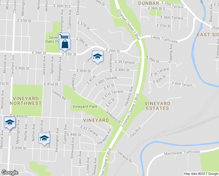 map of restaurants, bars, coffee shops, grocery stores, and more near 5009 East 41st Street in Kansas City