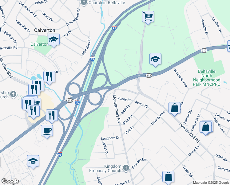 map of restaurants, bars, coffee shops, grocery stores, and more near 11699 Montgomery Road in Beltsville