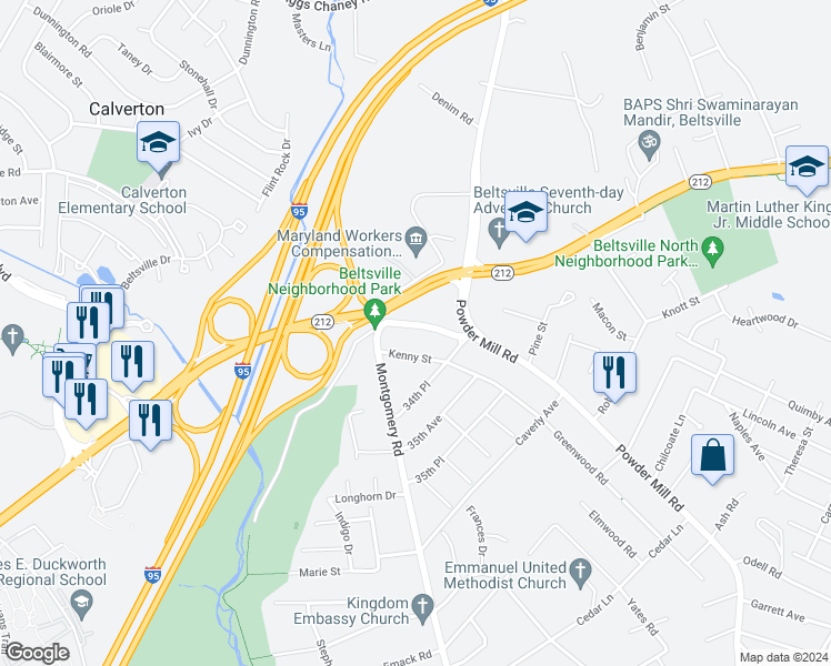 map of restaurants, bars, coffee shops, grocery stores, and more near 4107 Powder Mill Road in Beltsville