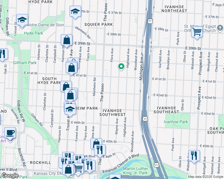 map of restaurants, bars, coffee shops, grocery stores, and more near 4136 Wayne Avenue in Kansas City