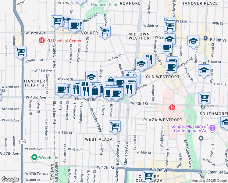 map of restaurants, bars, coffee shops, grocery stores, and more near 1002 Westport Road in Kansas City
