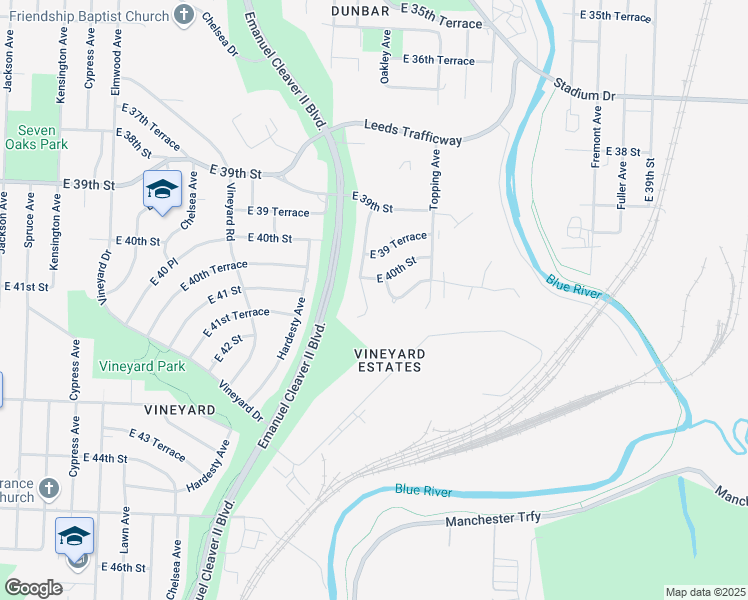 map of restaurants, bars, coffee shops, grocery stores, and more near 4015 Oakley Avenue in Kansas City