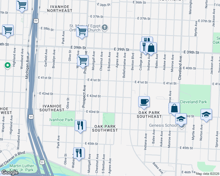 map of restaurants, bars, coffee shops, grocery stores, and more near 4118 Agnes Avenue in Kansas City