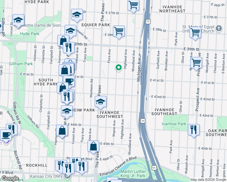 map of restaurants, bars, coffee shops, grocery stores, and more near 4136 Wayne Avenue in Kansas City