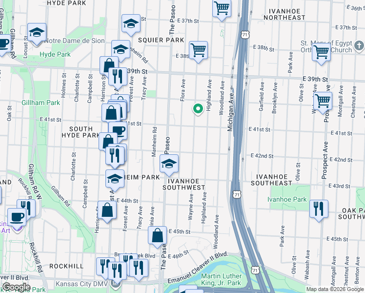 map of restaurants, bars, coffee shops, grocery stores, and more near 4136 Wayne Avenue in Kansas City