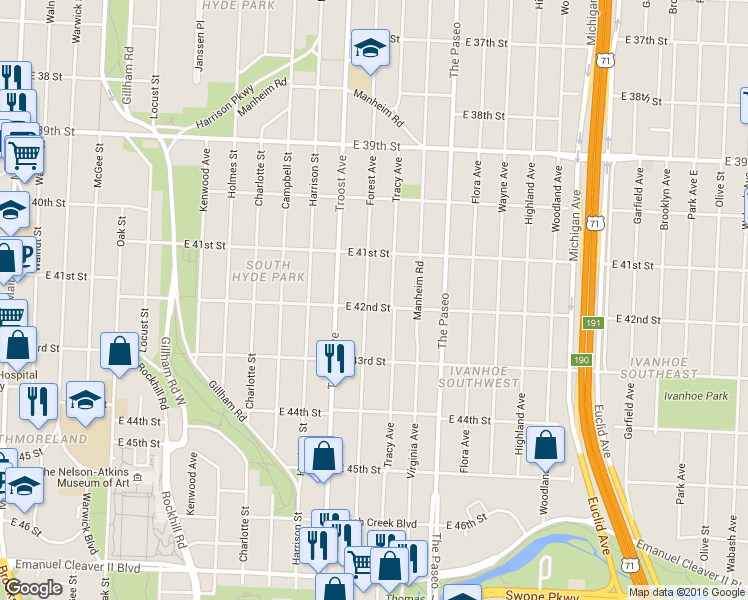 map of restaurants, bars, coffee shops, grocery stores, and more near 4136 Tracy Avenue in Kansas City