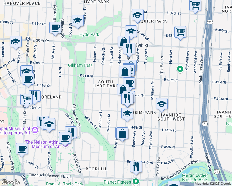 map of restaurants, bars, coffee shops, grocery stores, and more near 4149 Harrison Street in Kansas City