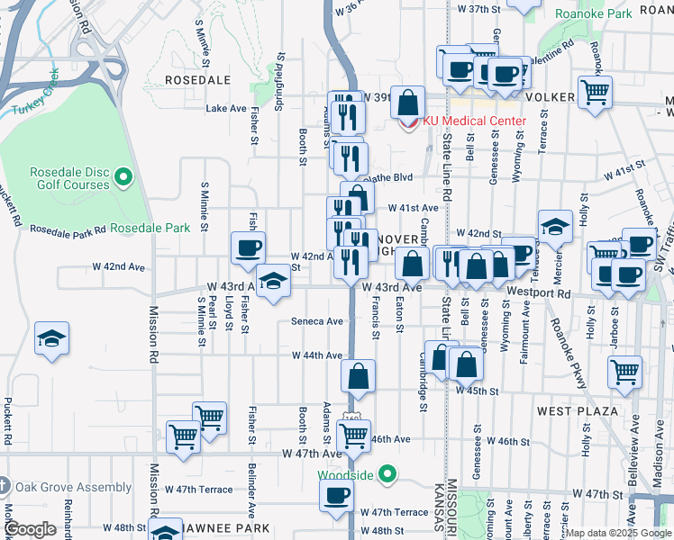 map of restaurants, bars, coffee shops, grocery stores, and more near 4207 Adams Street in Kansas City