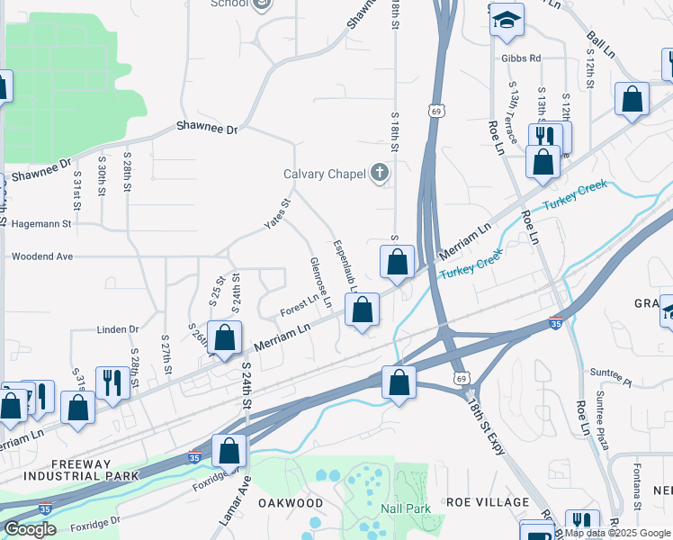 map of restaurants, bars, coffee shops, grocery stores, and more near 2808 Espenlaub Lane in Kansas City