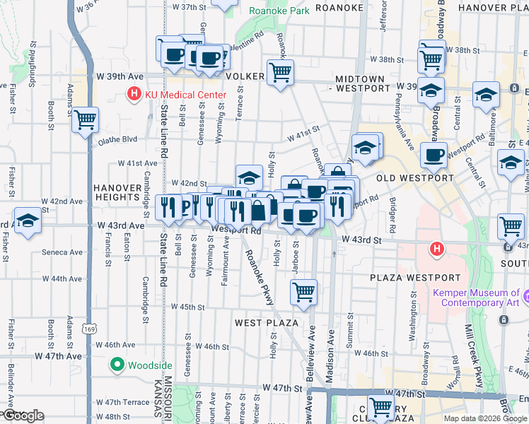map of restaurants, bars, coffee shops, grocery stores, and more near 4232 Holly Street in Kansas City