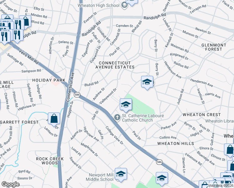 map of restaurants, bars, coffee shops, grocery stores, and more near 3313 Moline Road in Silver Spring
