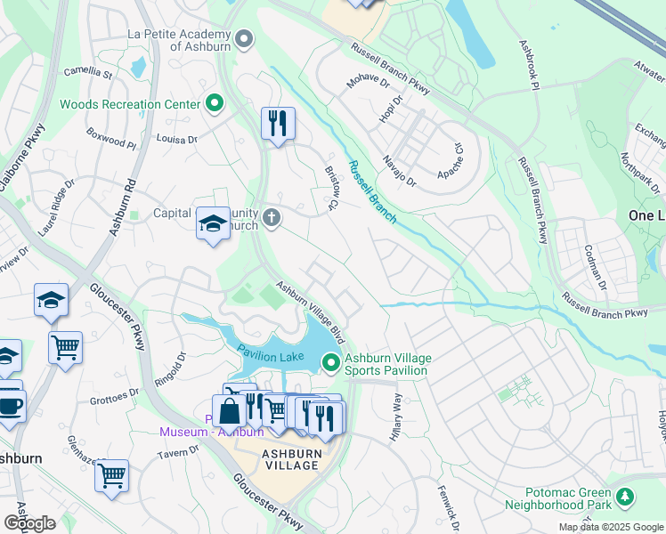 map of restaurants, bars, coffee shops, grocery stores, and more near 44226 Mossy Brook Square in Ashburn