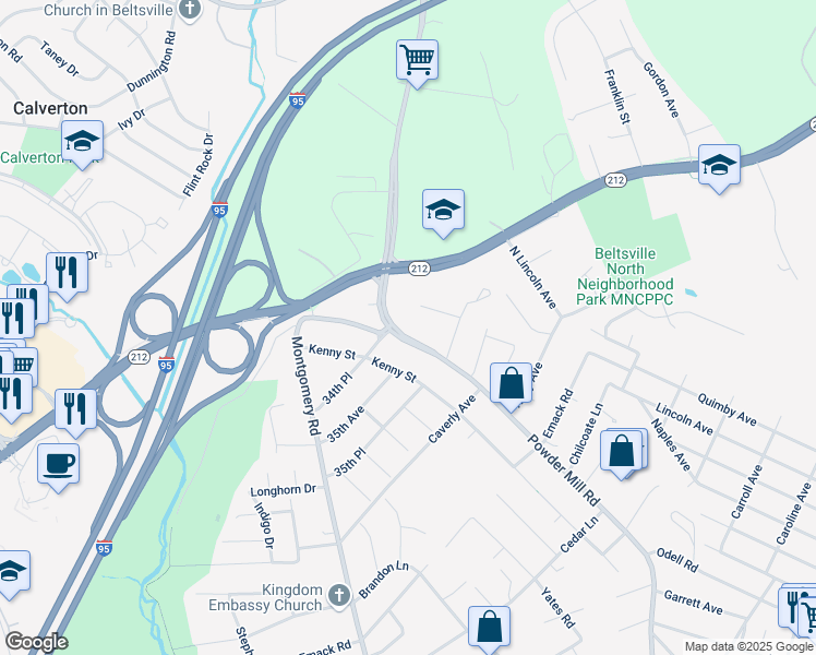 map of restaurants, bars, coffee shops, grocery stores, and more near 4234 Powder Mill Road in Beltsville