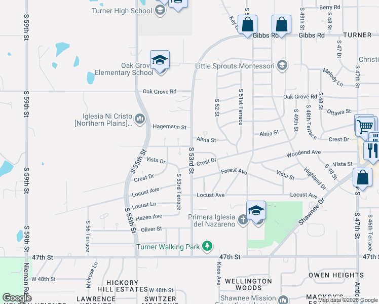 map of restaurants, bars, coffee shops, grocery stores, and more near 2808 South 53rd Street in Kansas City
