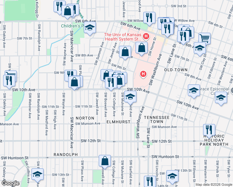 map of restaurants, bars, coffee shops, grocery stores, and more near 1010 Southwest College Avenue in Topeka
