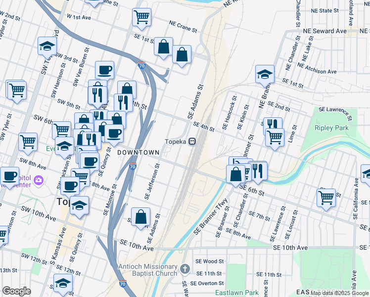 map of restaurants, bars, coffee shops, grocery stores, and more near 514 Southeast Adams Street in Topeka