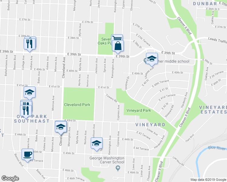 map of restaurants, bars, coffee shops, grocery stores, and more near 4315 East 41st Street in Kansas City