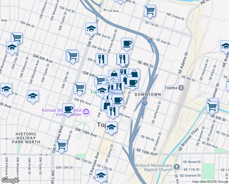 map of restaurants, bars, coffee shops, grocery stores, and more near 612 South Kansas Avenue in Topeka