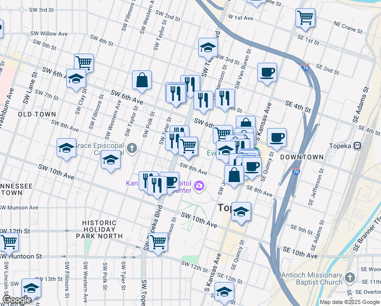 map of restaurants, bars, coffee shops, grocery stores, and more near 715 SW Harrison St in Topeka