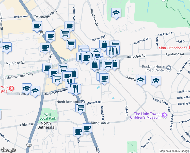 map of restaurants, bars, coffee shops, grocery stores, and more near 12122 Nebel Street in Rockville