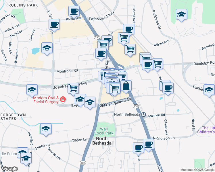 map of restaurants, bars, coffee shops, grocery stores, and more near 955 Rose Avenue in Rockville