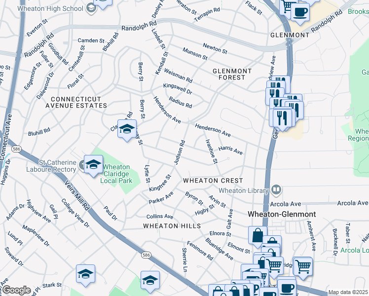 map of restaurants, bars, coffee shops, grocery stores, and more near 2820 Harris Avenue in Wheaton-Glenmont