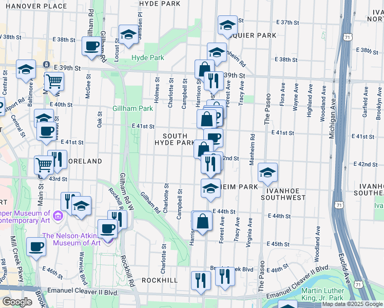 map of restaurants, bars, coffee shops, grocery stores, and more near 4154 Harrison Street in Kansas City