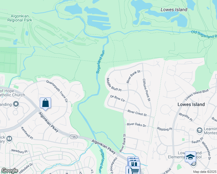 map of restaurants, bars, coffee shops, grocery stores, and more near 47333 Middle Bluff Place in Sterling