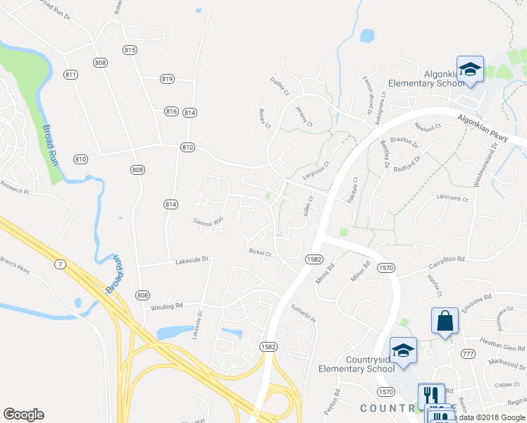 map of restaurants, bars, coffee shops, grocery stores, and more near 2 Bickel Court in Sterling