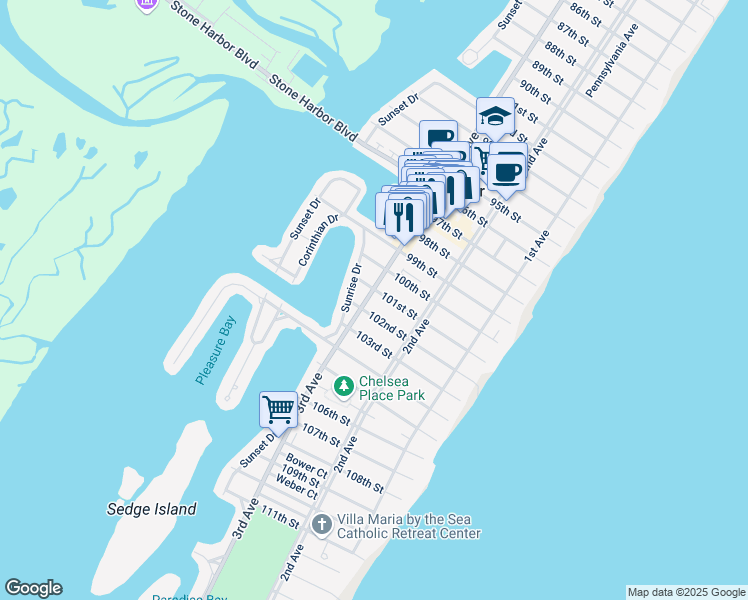 map of restaurants, bars, coffee shops, grocery stores, and more near 10108 3rd Avenue in Stone Harbor