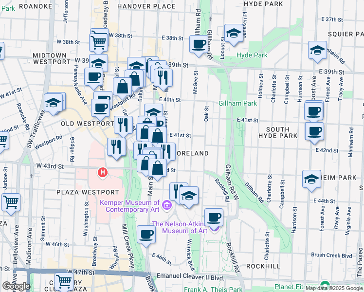 map of restaurants, bars, coffee shops, grocery stores, and more near 4111 Warwick Boulevard in Kansas City