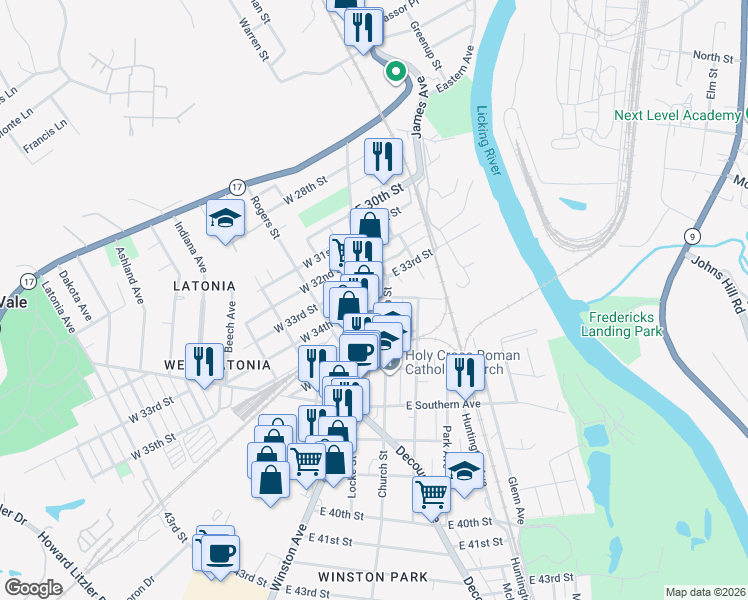 map of restaurants, bars, coffee shops, grocery stores, and more near 104 Daniels Street in Covington