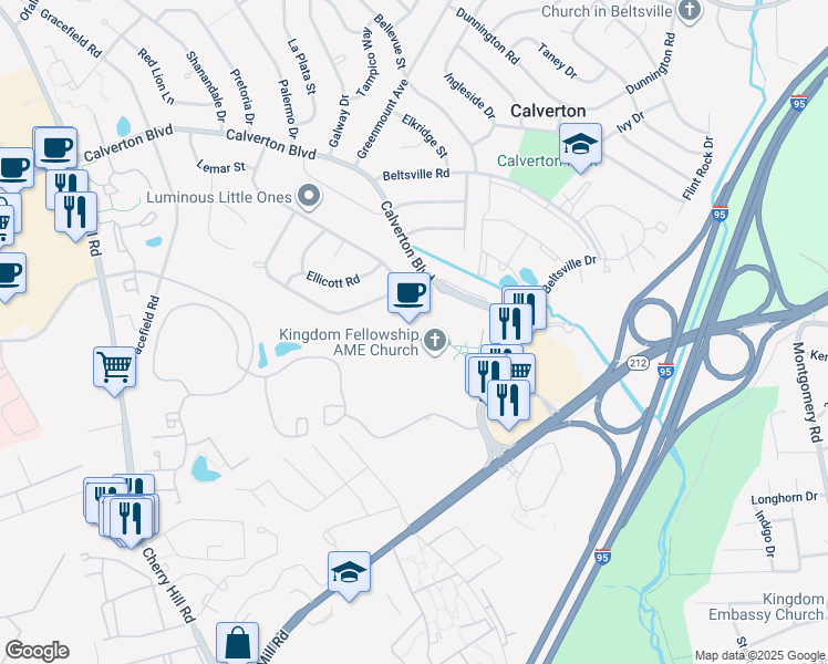 map of restaurants, bars, coffee shops, grocery stores, and more near 11720 Beltsville Drive in Beltsville
