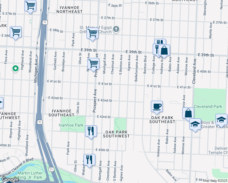 map of restaurants, bars, coffee shops, grocery stores, and more near 4121 Chestnut Avenue in Kansas City