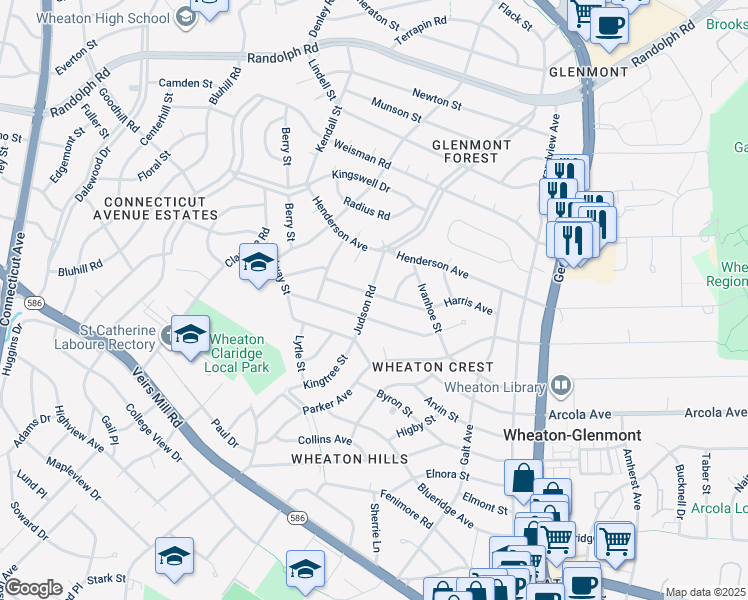 map of restaurants, bars, coffee shops, grocery stores, and more near 2820 Harris Avenue in Wheaton-Glenmont