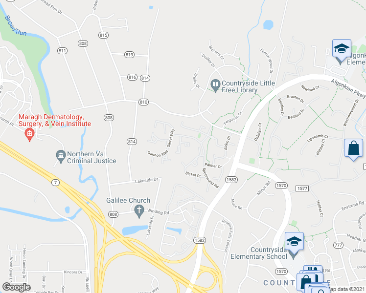 map of restaurants, bars, coffee shops, grocery stores, and more near 21 Quincy Court in Sterling