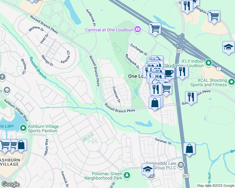 map of restaurants, bars, coffee shops, grocery stores, and more near 20424 Codman Drive in Ashburn