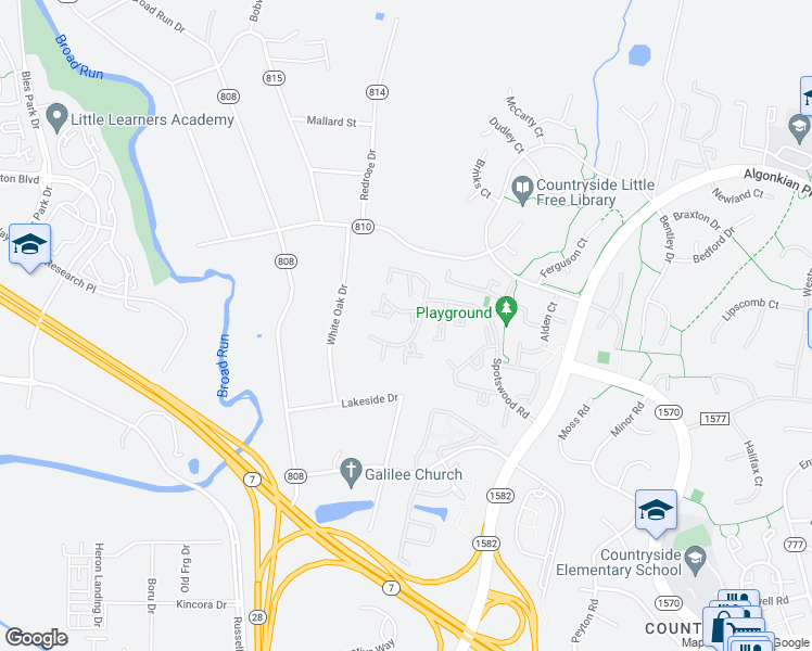 map of restaurants, bars, coffee shops, grocery stores, and more near 14 Harbert Court in Sterling