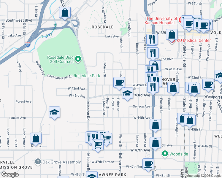 map of restaurants, bars, coffee shops, grocery stores, and more near 4210 Pearl Street in Kansas City