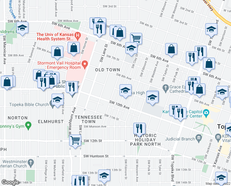 map of restaurants, bars, coffee shops, grocery stores, and more near 908 Southwest Buchanan Street in Topeka