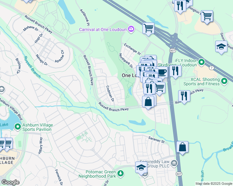 map of restaurants, bars, coffee shops, grocery stores, and more near 44561 Yarmouth Drive in Ashburn