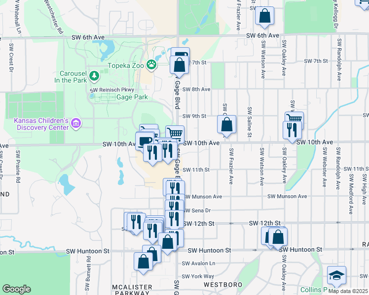 map of restaurants, bars, coffee shops, grocery stores, and more near 3721 Southwest 10th Street in Topeka