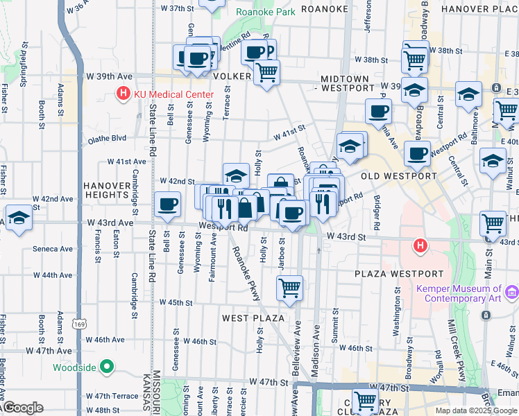 map of restaurants, bars, coffee shops, grocery stores, and more near 4211 Holly Street in Kansas City