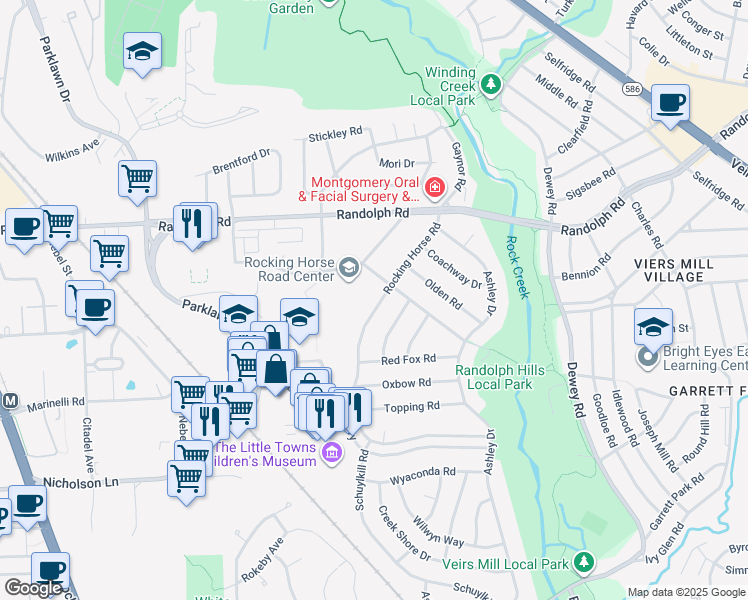 map of restaurants, bars, coffee shops, grocery stores, and more near 11826 Rocking Horse Road in Rockville