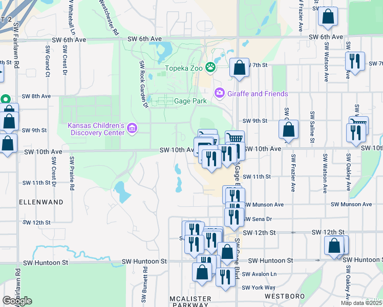 map of restaurants, bars, coffee shops, grocery stores, and more near 1000 Southwest Fleming Court in Topeka
