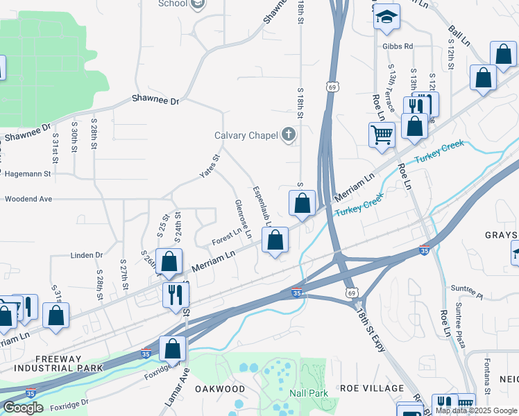 map of restaurants, bars, coffee shops, grocery stores, and more near 2808 Espenlaub Lane in Kansas City