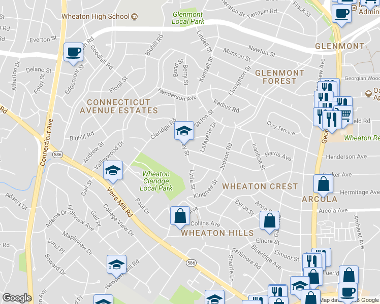 map of restaurants, bars, coffee shops, grocery stores, and more near 3035 Medway Street in Silver Spring