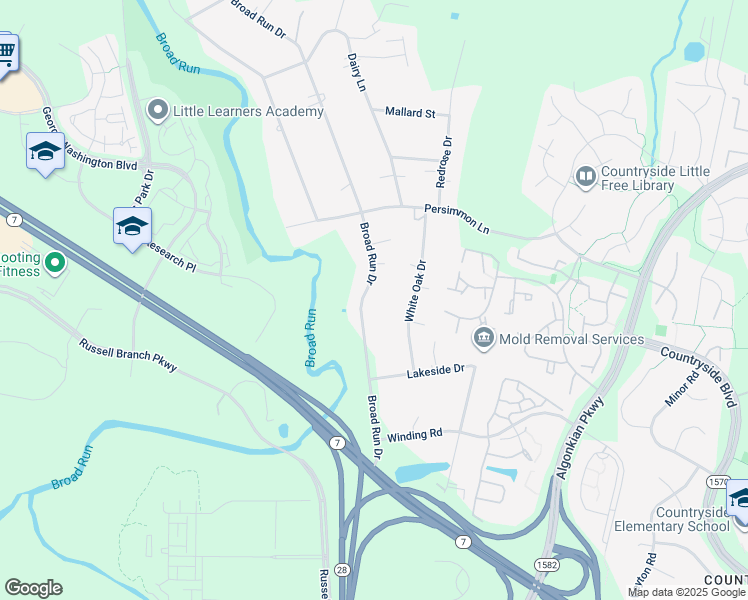 map of restaurants, bars, coffee shops, grocery stores, and more near 20402 Broad Run Drive in Sterling