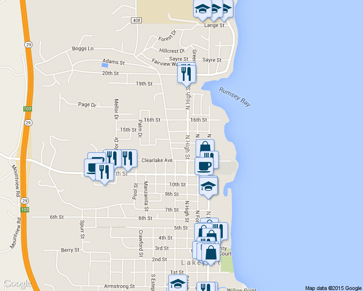 map of restaurants, bars, coffee shops, grocery stores, and more near 340 13th Street in Lakeport